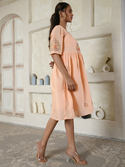 Peach Floral Embroidery Dress