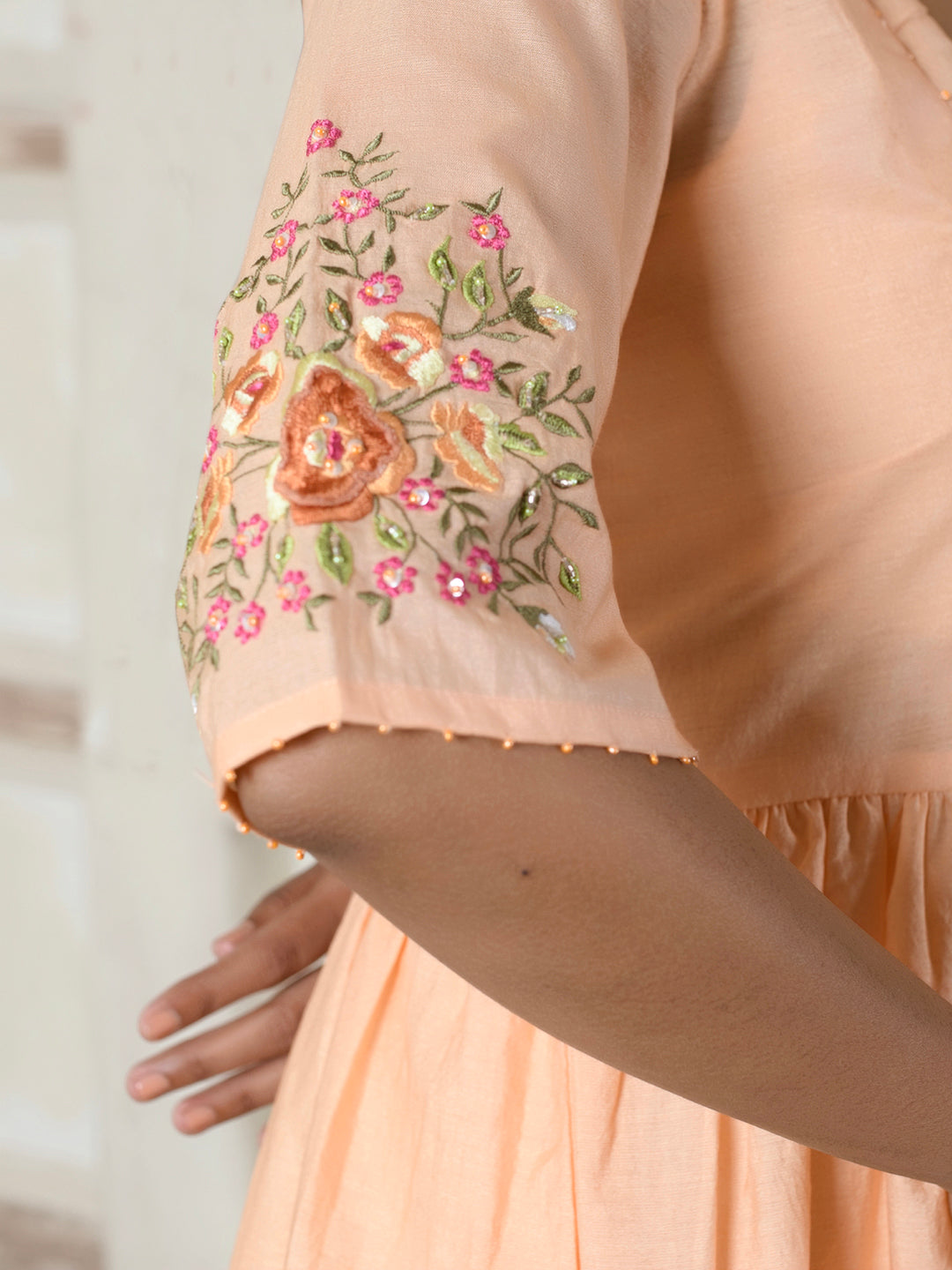Peach Floral Embroidery Dress