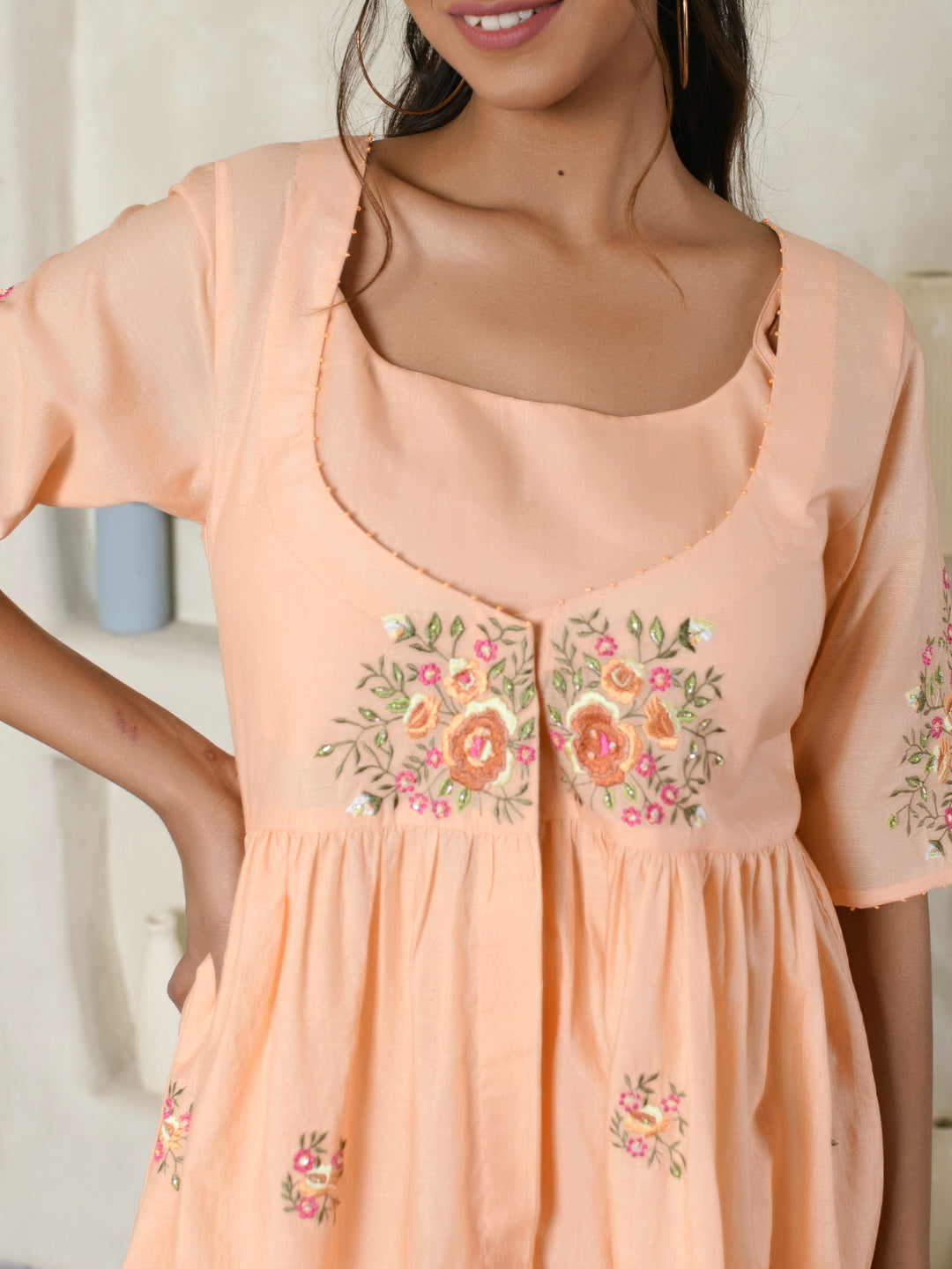 Peach Floral Embroidery Dress