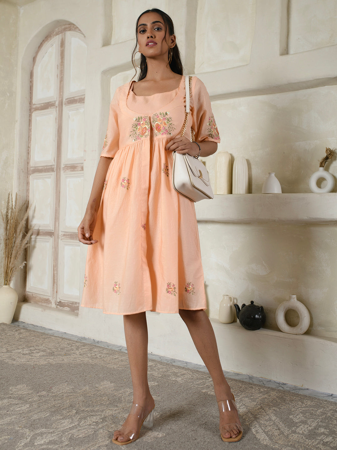 Peach Floral Embroidery Dress