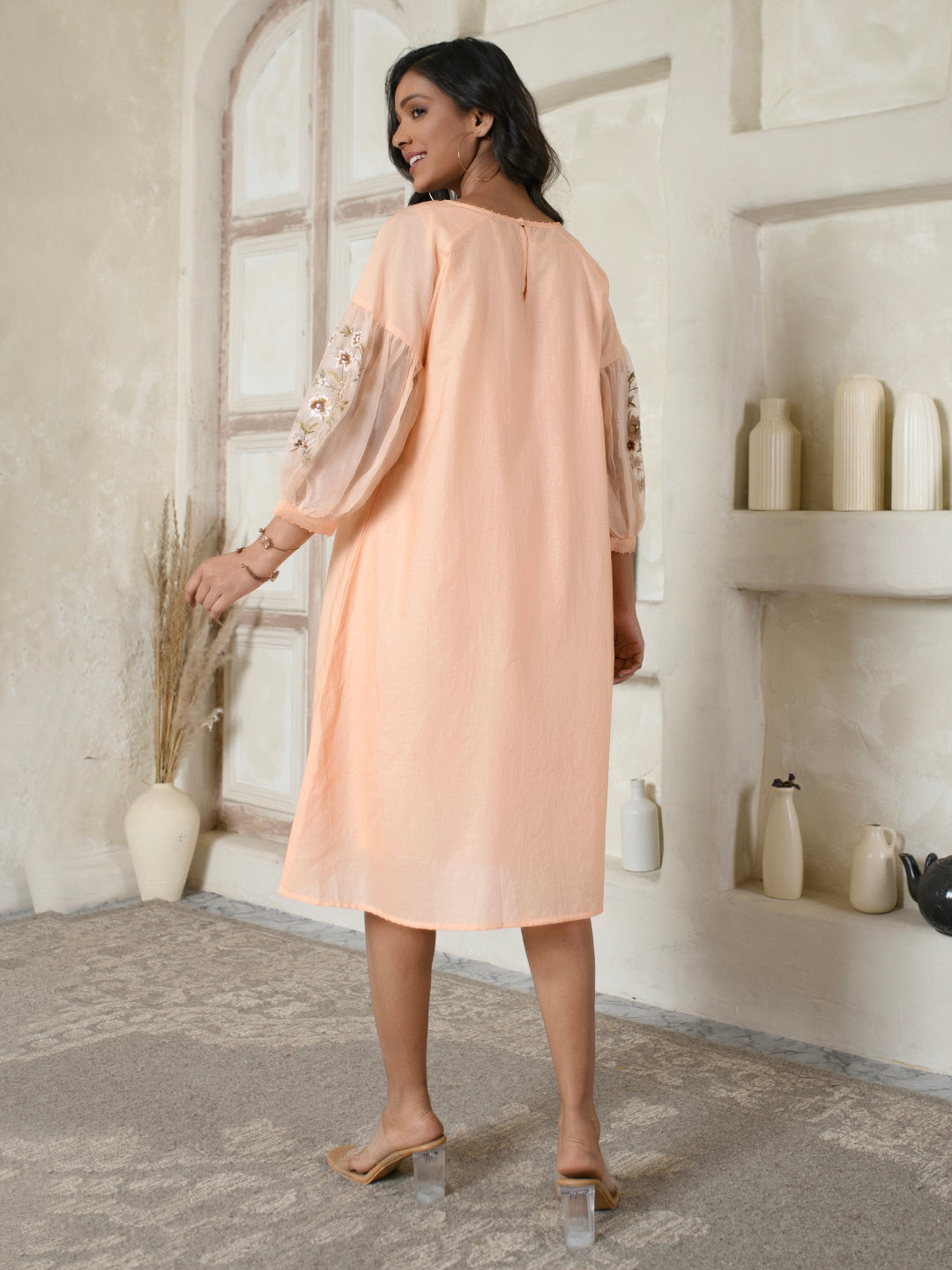 Peach Embroidered Organza Dress