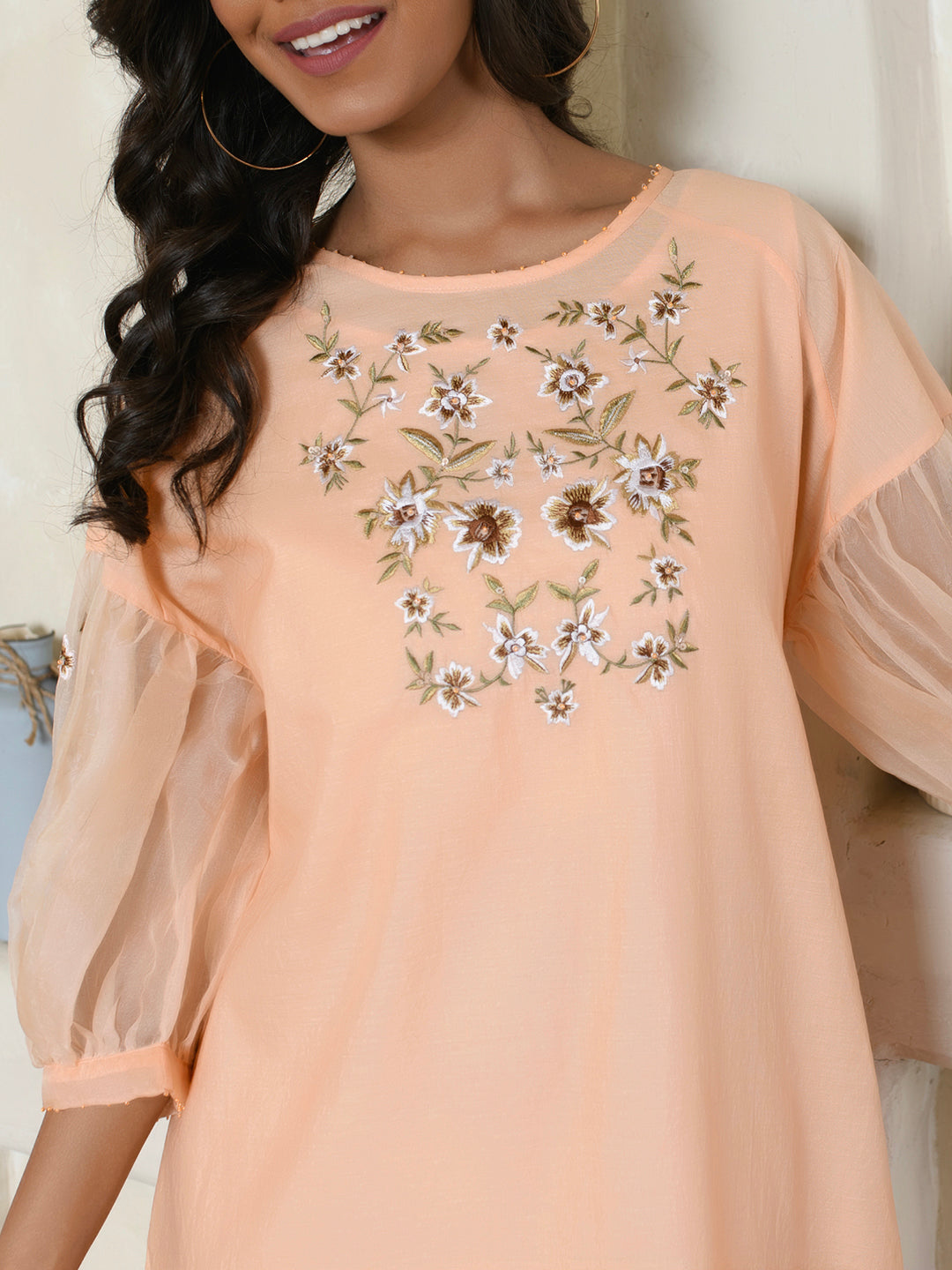 Peach Embroidered Organza Dress