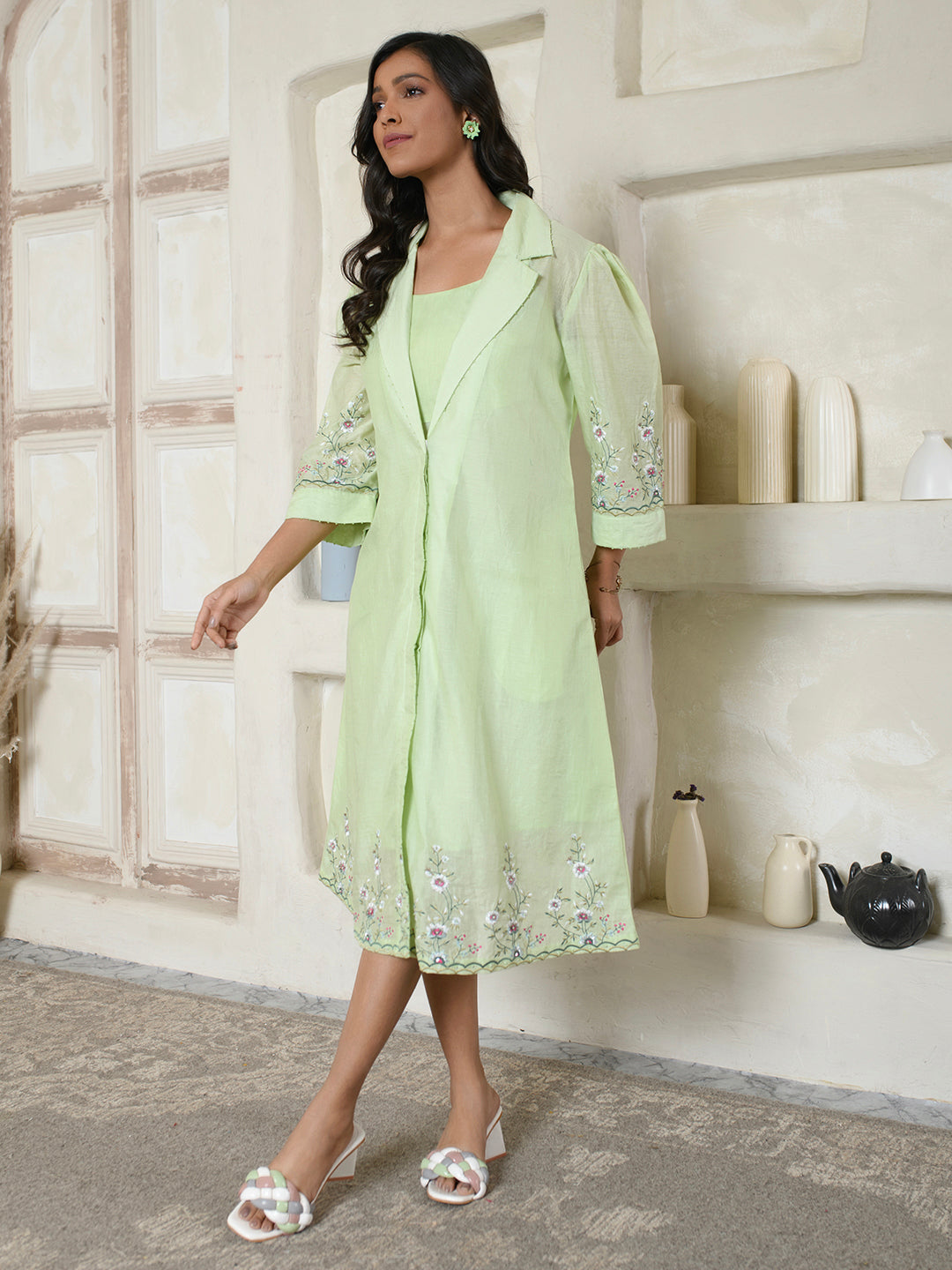 Embroidered Green Coat Dress