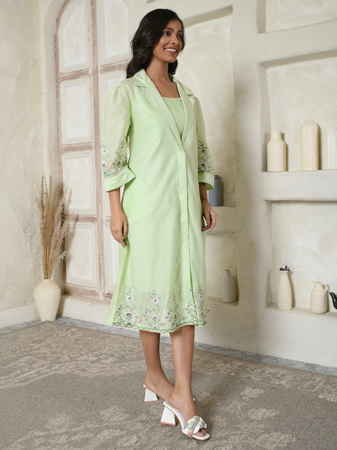 Embroidered Green Coat Dress