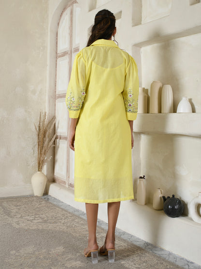 Embroidered Lemon Yellow Dress-Coat Style