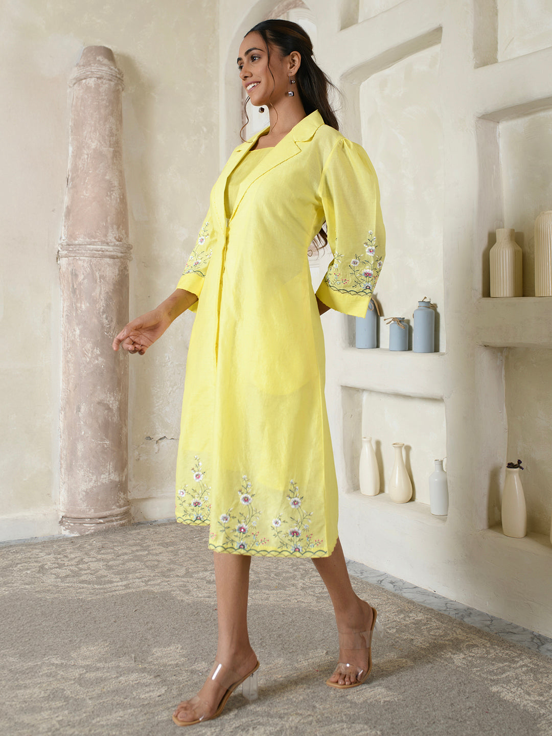 Embroidered Lemon Yellow Dress-Coat Style
