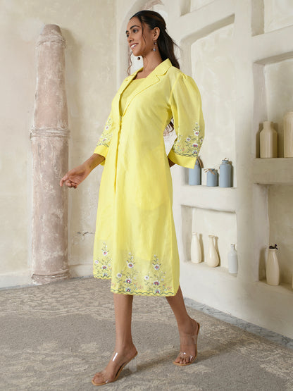 Embroidered Lemon Yellow Dress-Coat Style