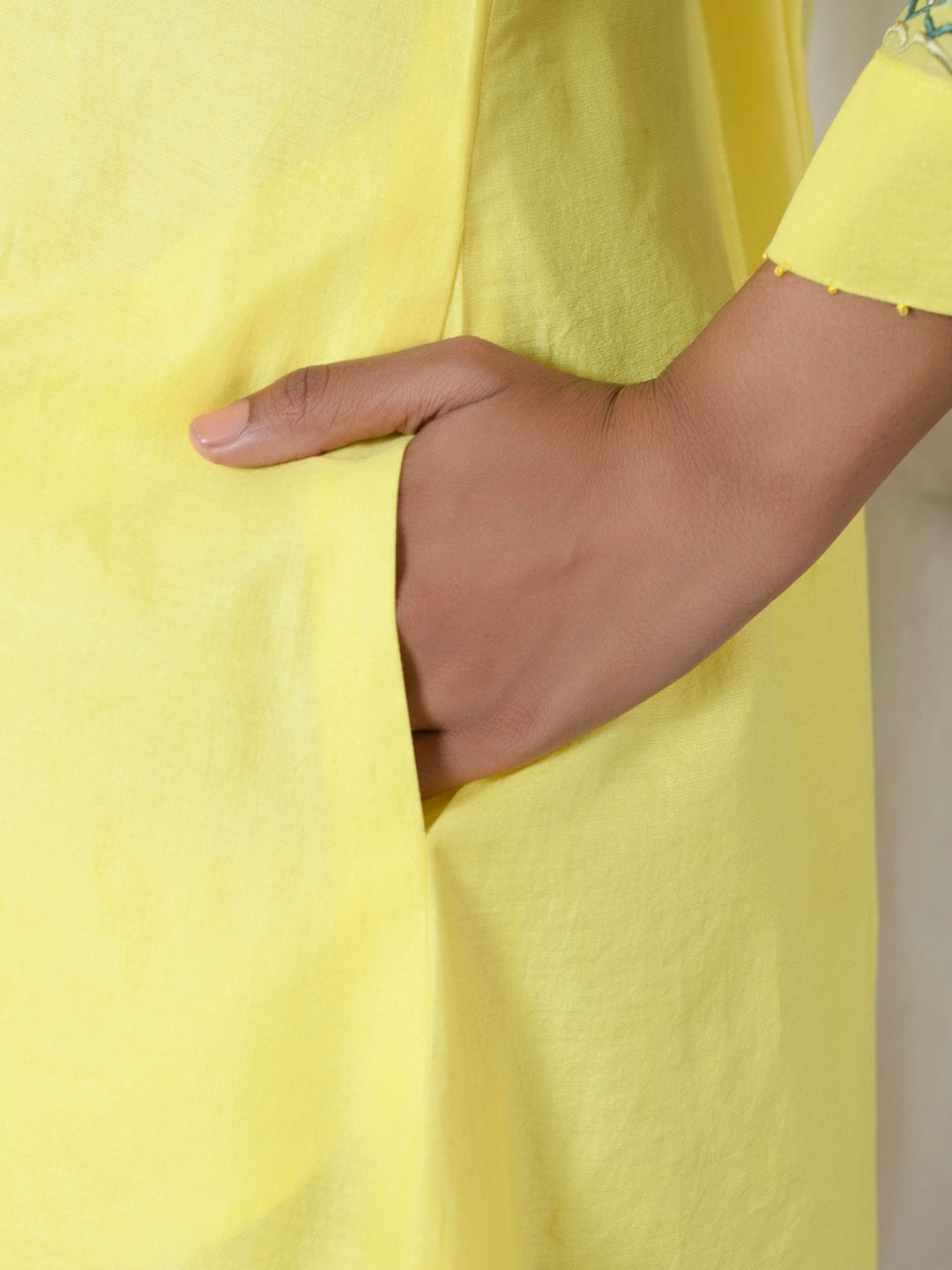 Embroidered Lemon Yellow Dress-Coat Style