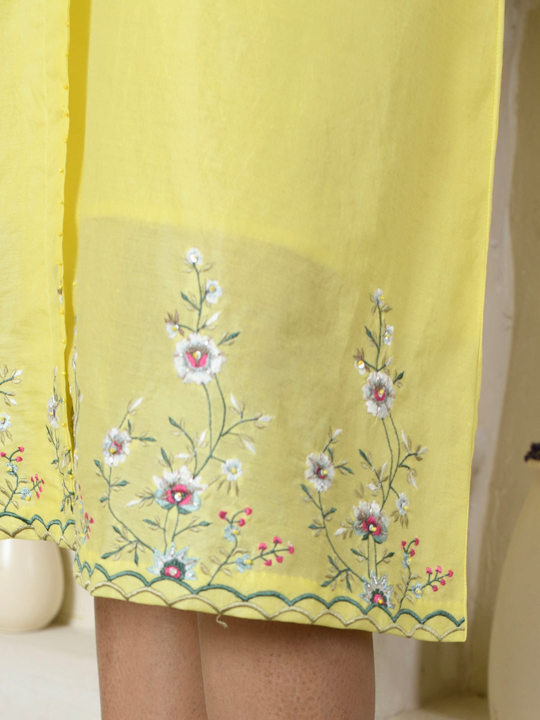 Embroidered Lemon Yellow Dress-Coat Style