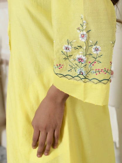 Embroidered Lemon Yellow Dress-Coat Style