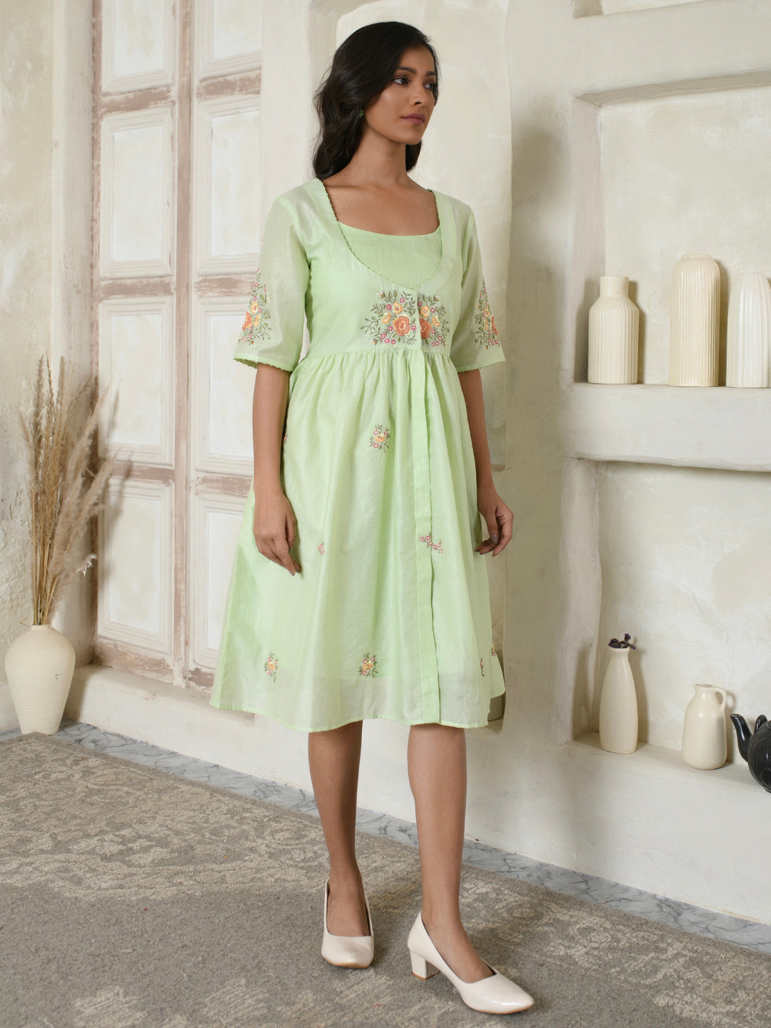 Mint Green Floral Embroidery Dress