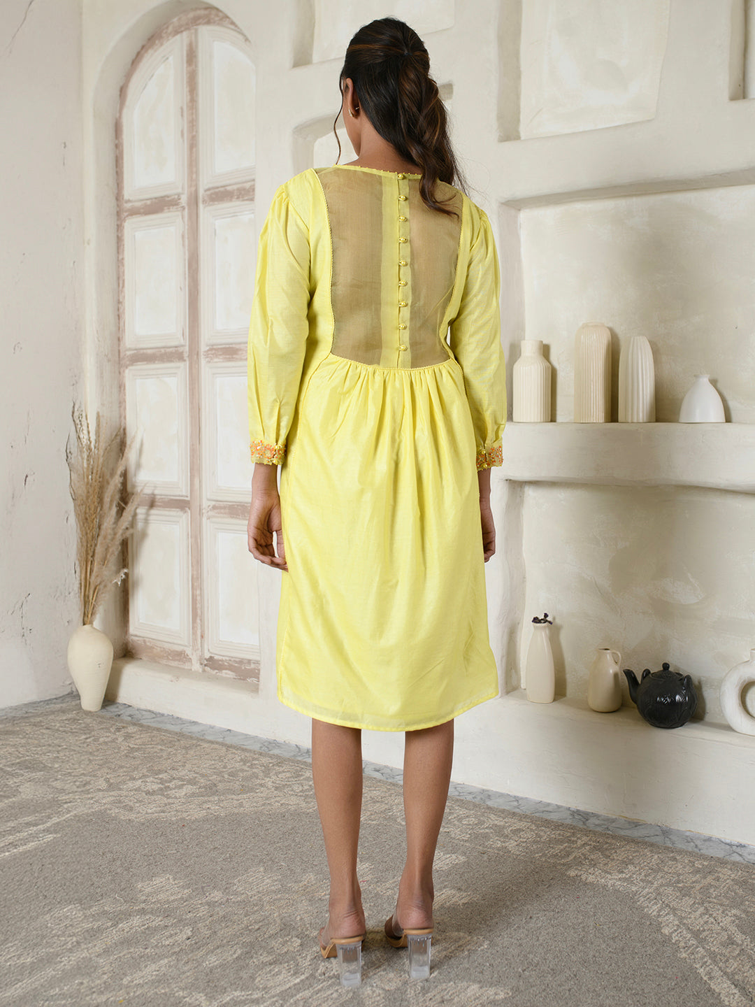 Lemon Yellow Chanderi Embroidery Dress