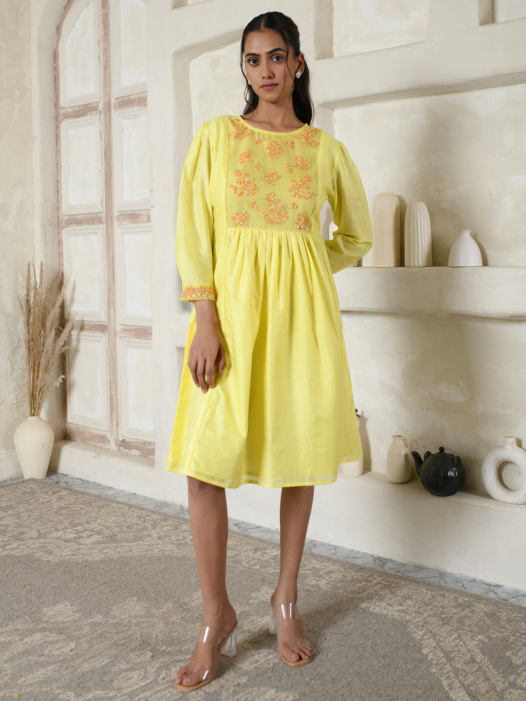 Lemon Yellow Chanderi Embroidery Dress