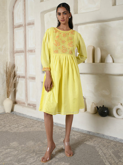 Lemon Yellow Chanderi Embroidery Dress