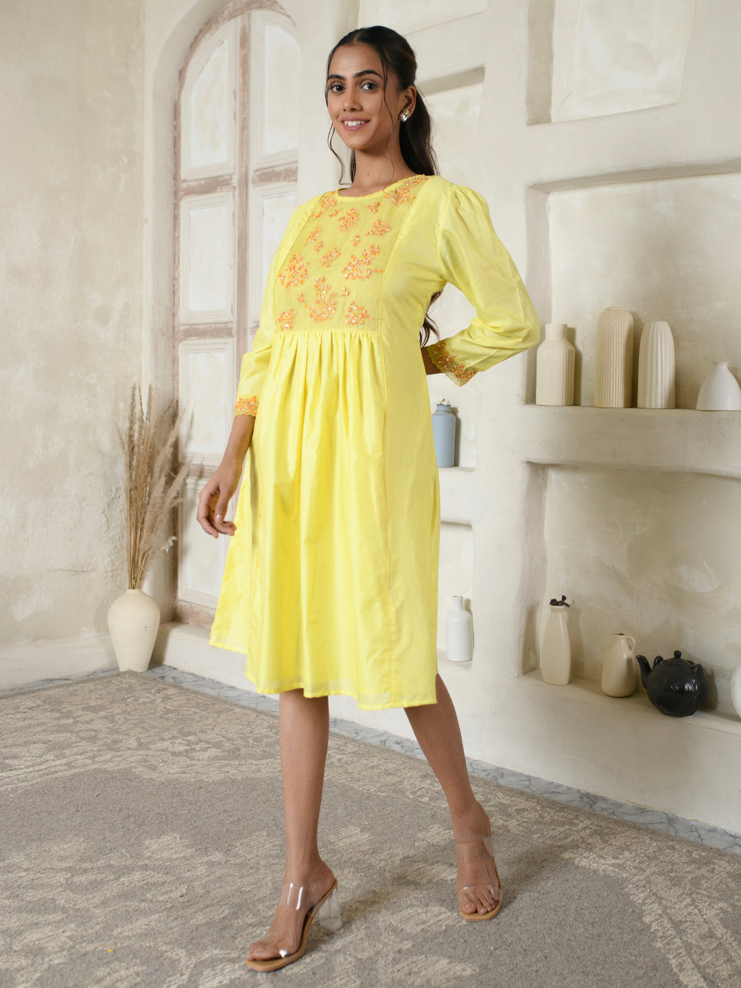 Lemon Yellow Chanderi Embroidery Dress
