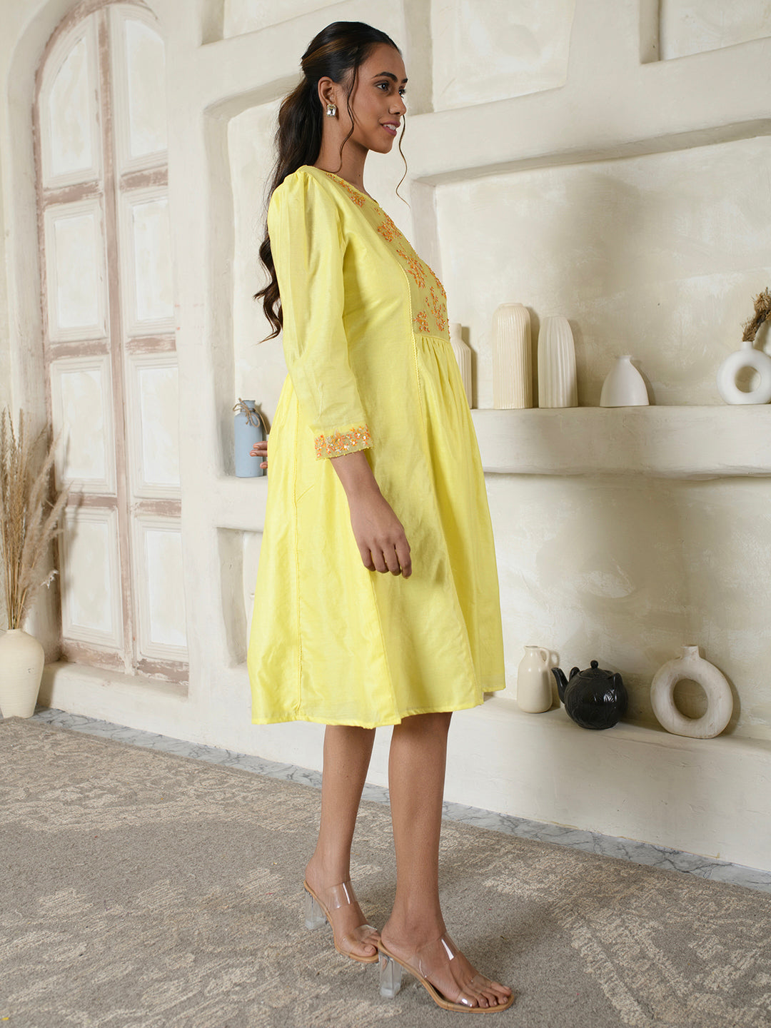Lemon Yellow Chanderi Embroidery Dress