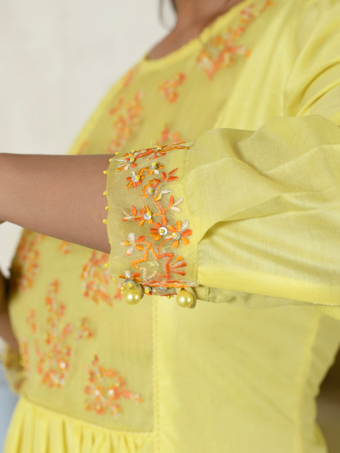 Lemon Yellow Chanderi Embroidery Dress