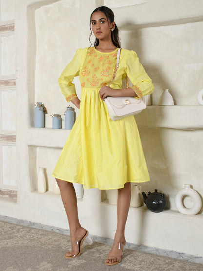 Lemon Yellow Chanderi Embroidery Dress