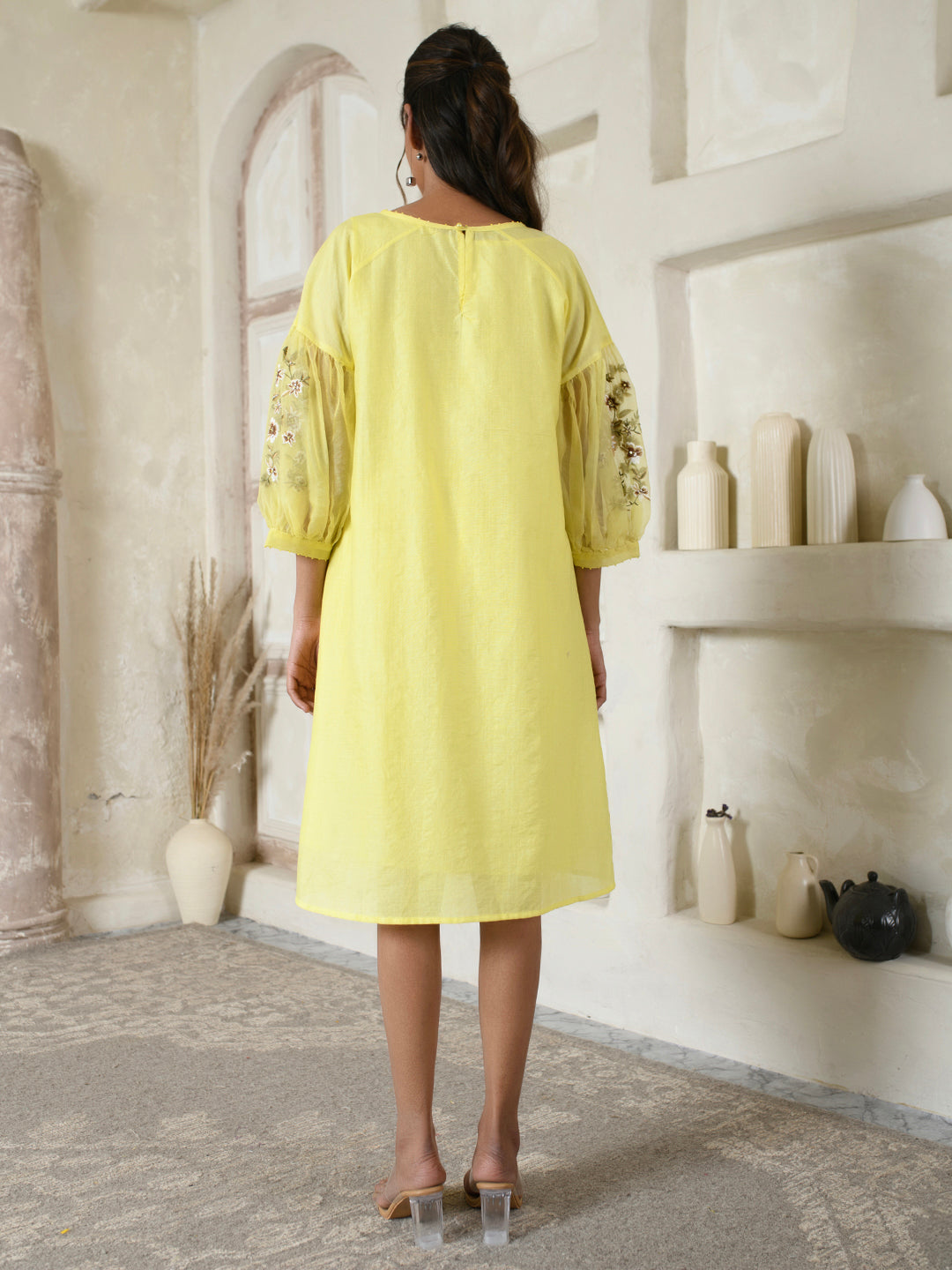 Lemon Yellow Embroidered Organza Dress