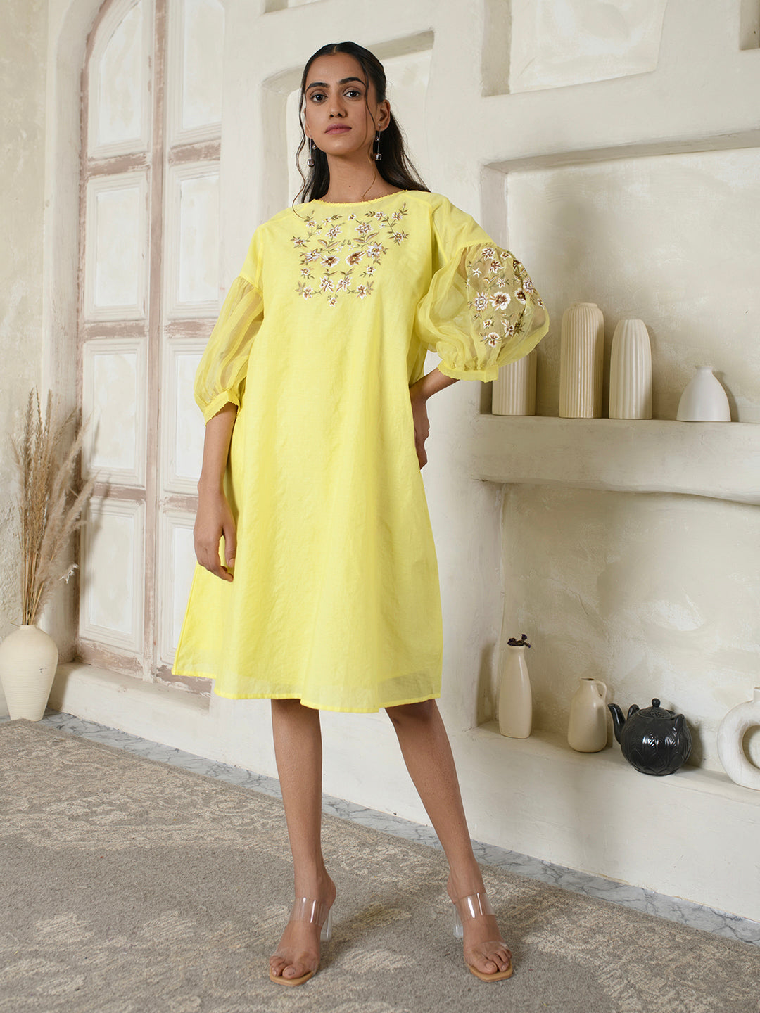 Lemon Yellow Embroidered Organza Dress