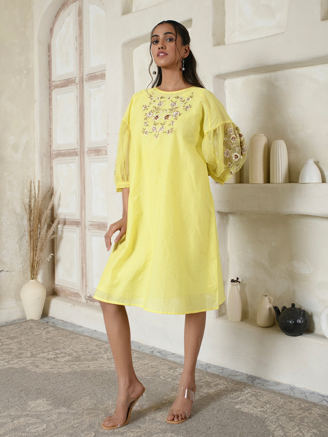 Lemon Yellow Embroidered Organza Dress