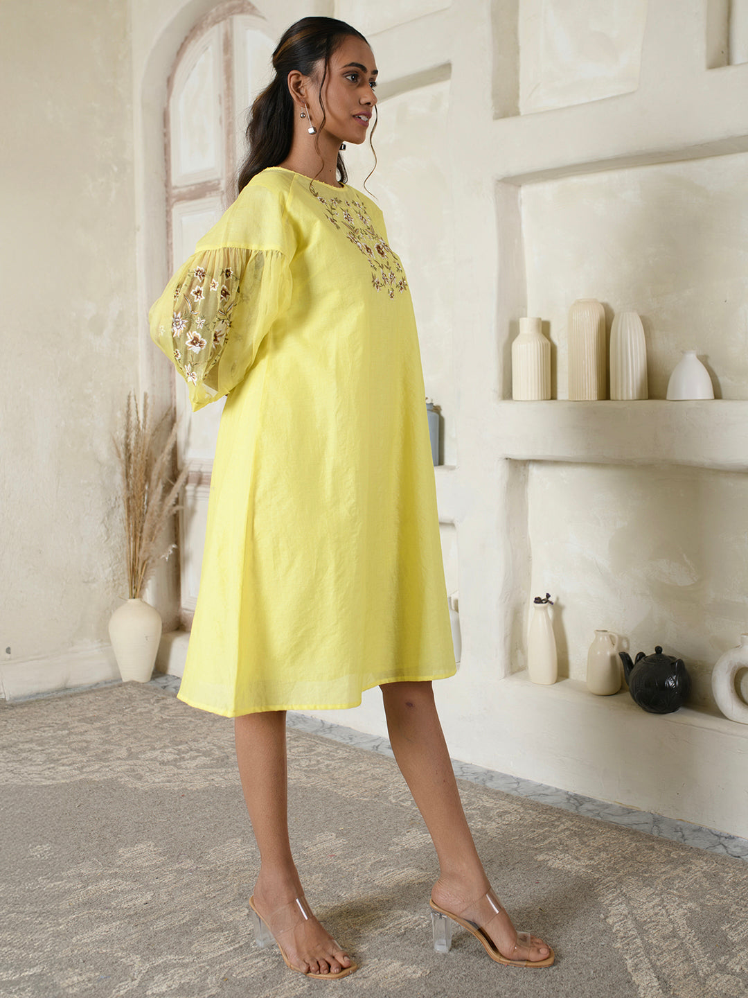 Lemon Yellow Embroidered Organza Dress
