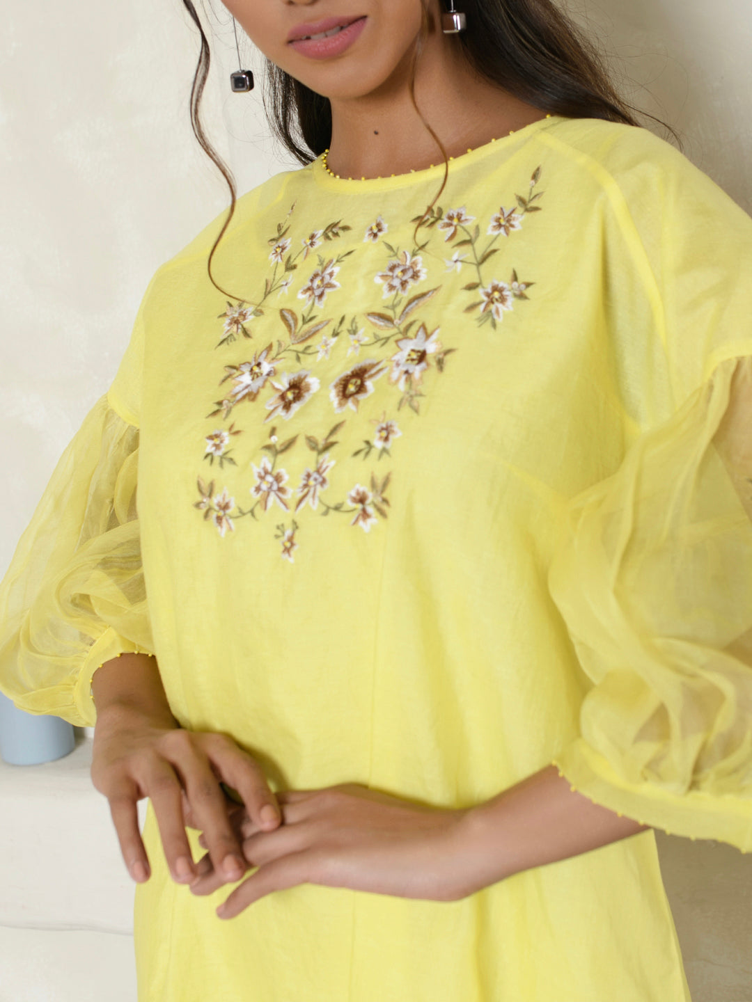 Lemon Yellow Embroidered Organza Dress