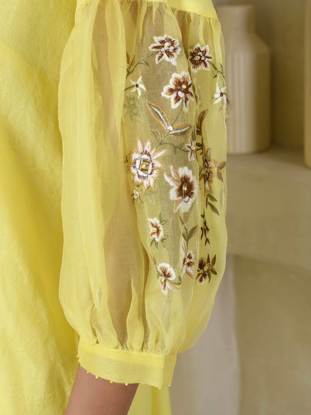 Lemon Yellow Embroidered Organza Dress