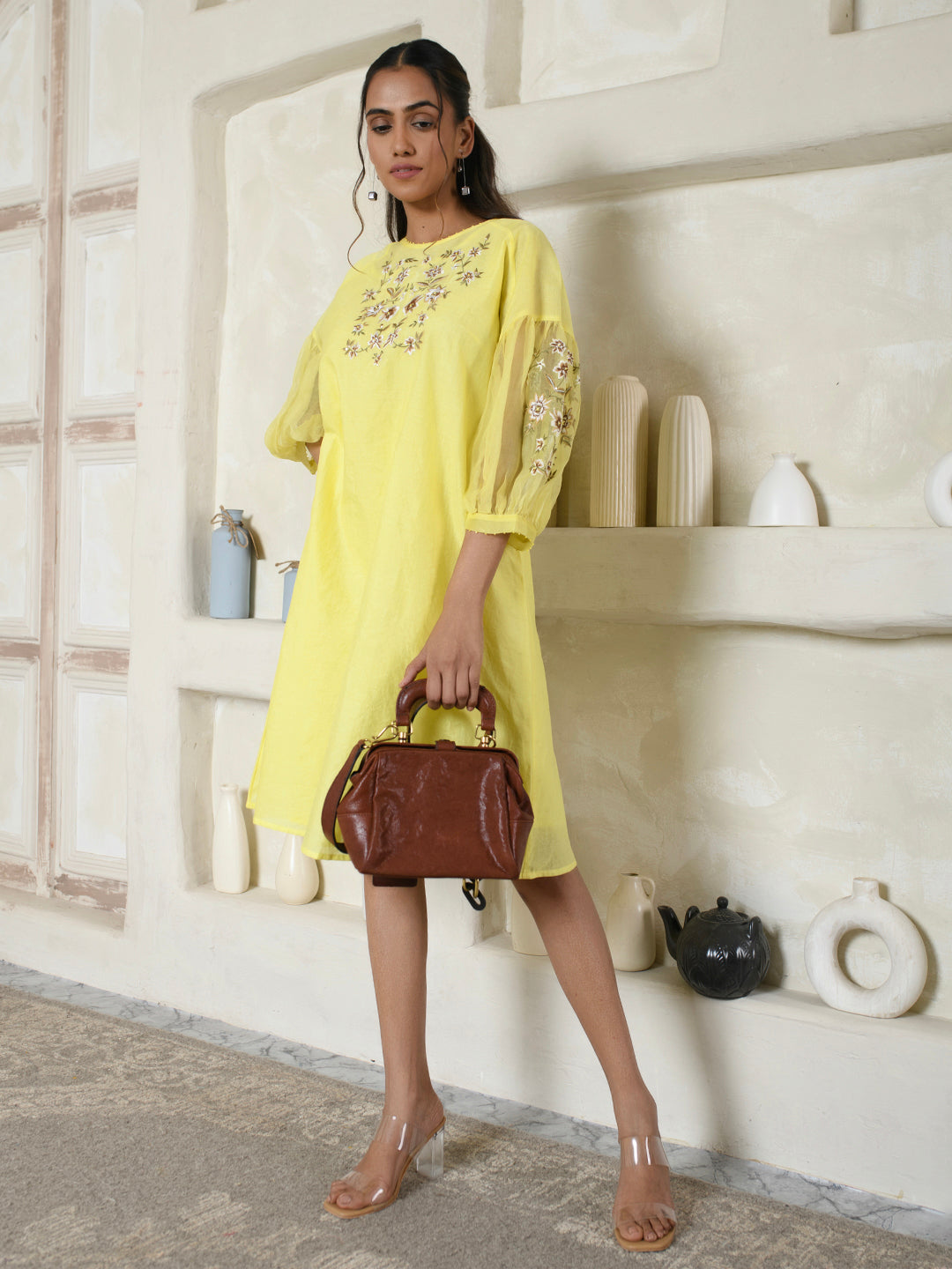 Lemon Yellow Embroidered Organza Dress