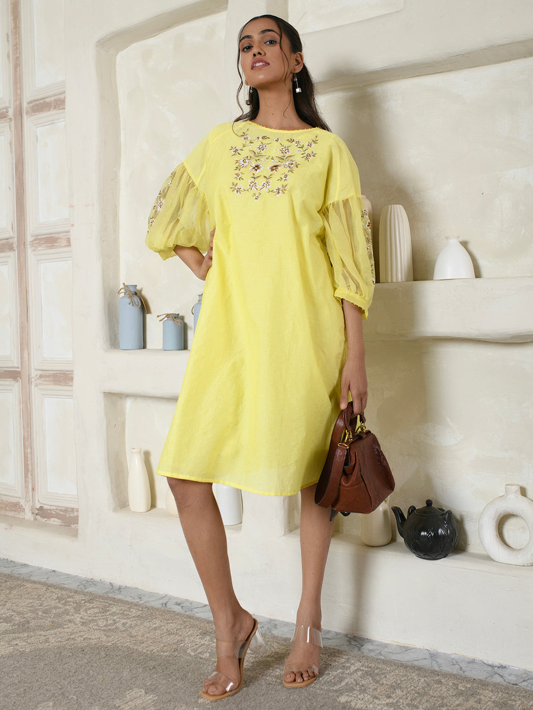 Lemon Yellow Embroidered Organza Dress