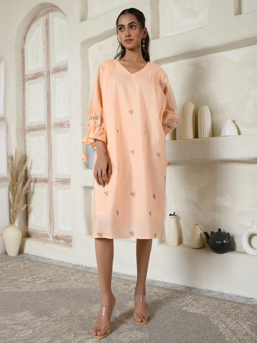 Tie-sleeves Peach Floral Dress