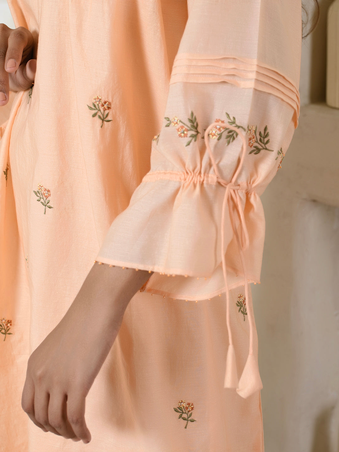 Tie-sleeves Peach Floral Dress