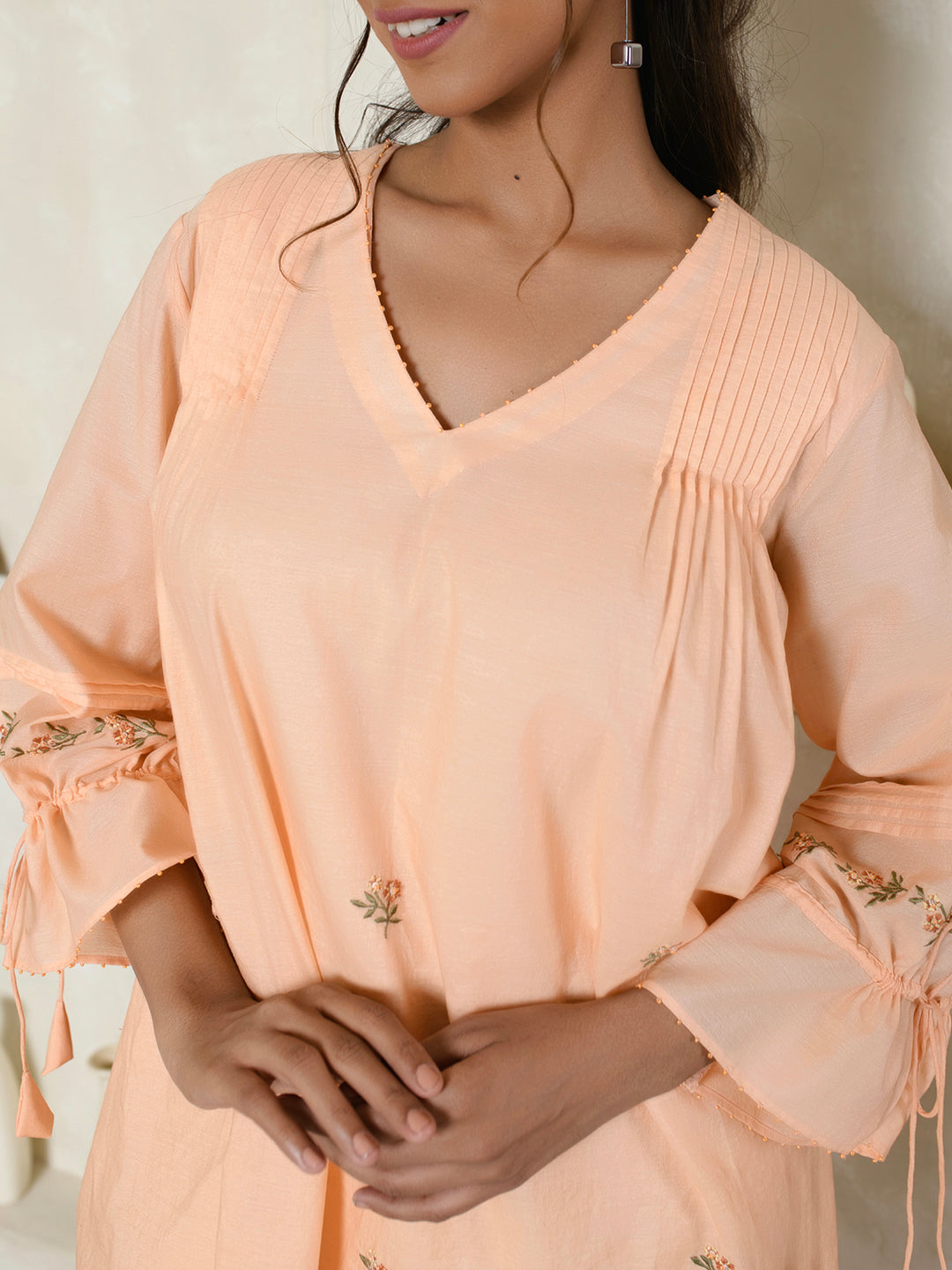 Tie-sleeves Peach Floral Dress