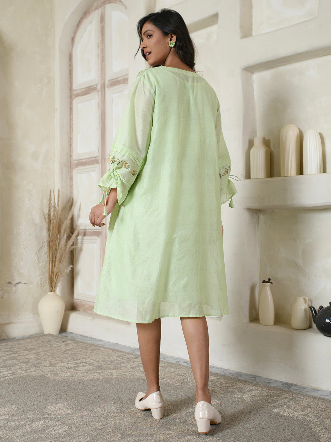 Tie-sleeves Green Floral Dress