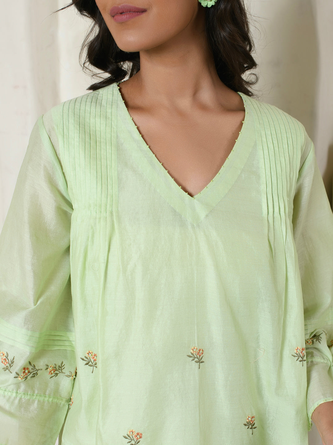 Tie-sleeves Green Floral Dress