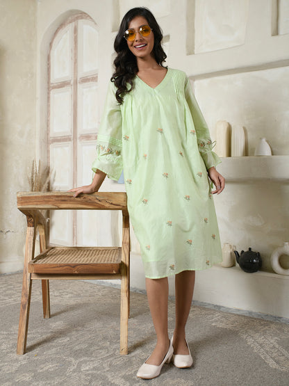 Tie-sleeves Green Floral Dress