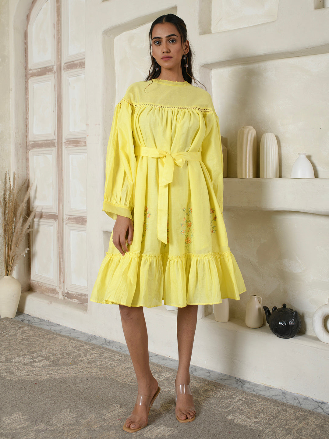 Lemon Yellow tie-waist dress