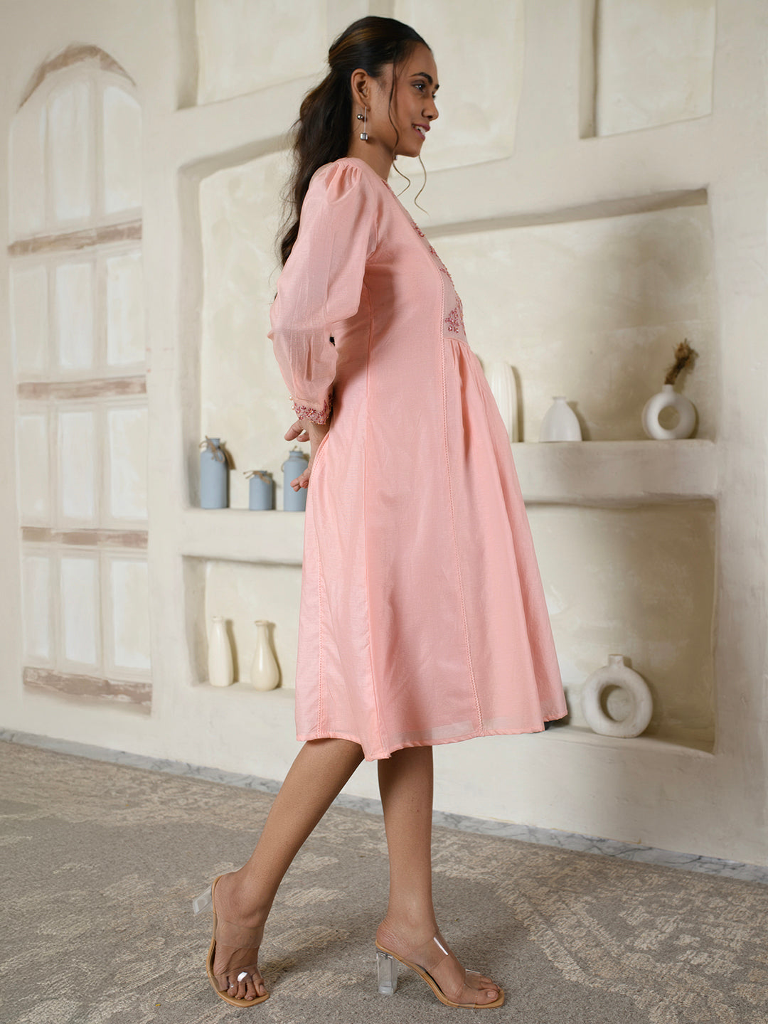 Pink Chanderi Embroidery Dress