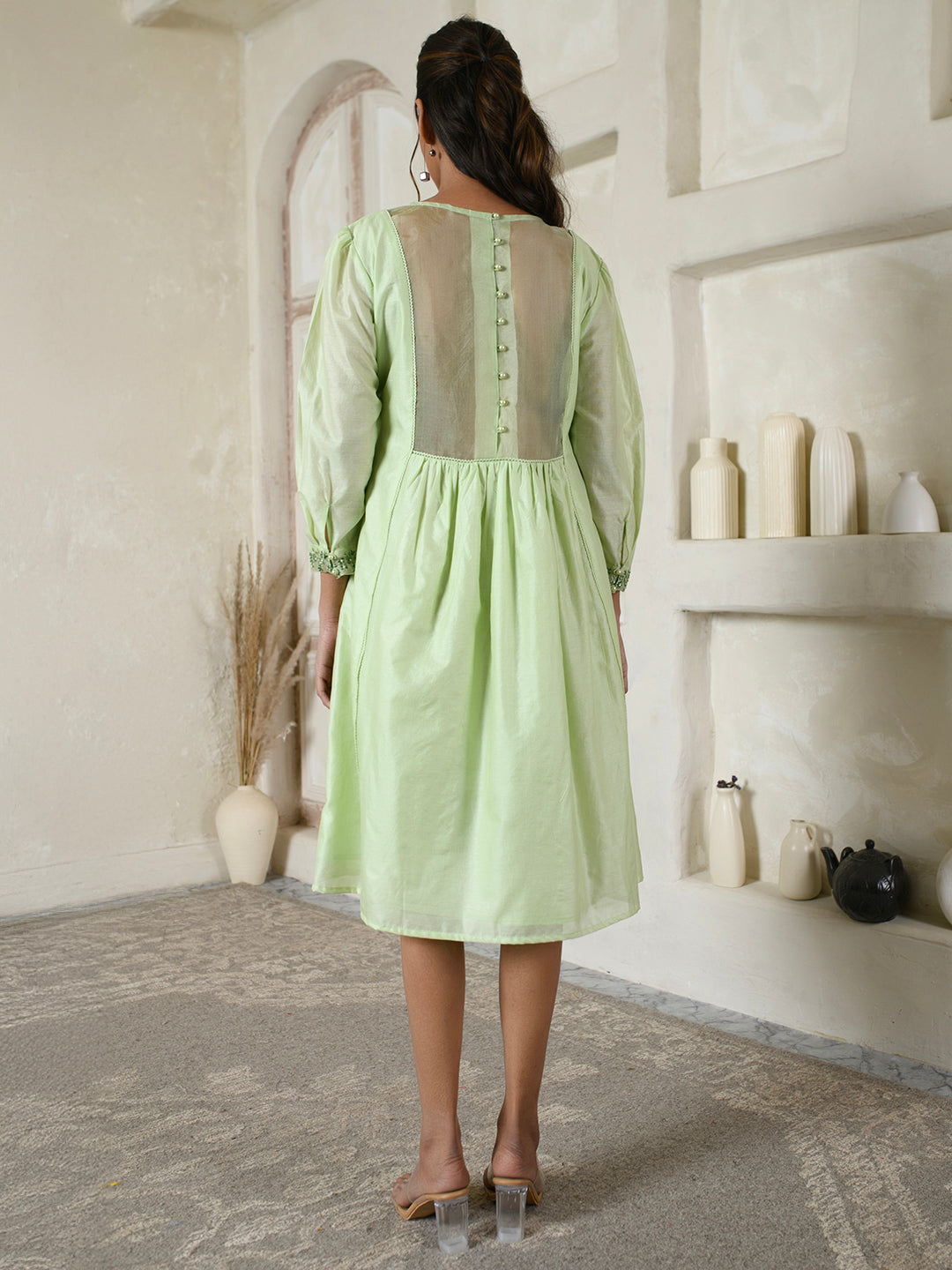 Mint Green Chanderi Embroidery Dress