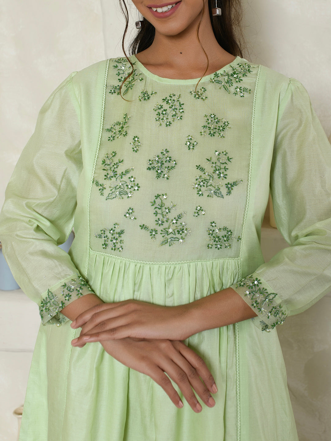 Mint Green Chanderi Embroidery Dress