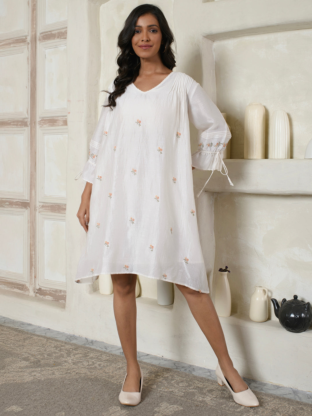 Tie-sleeves Ivory Floral Dress