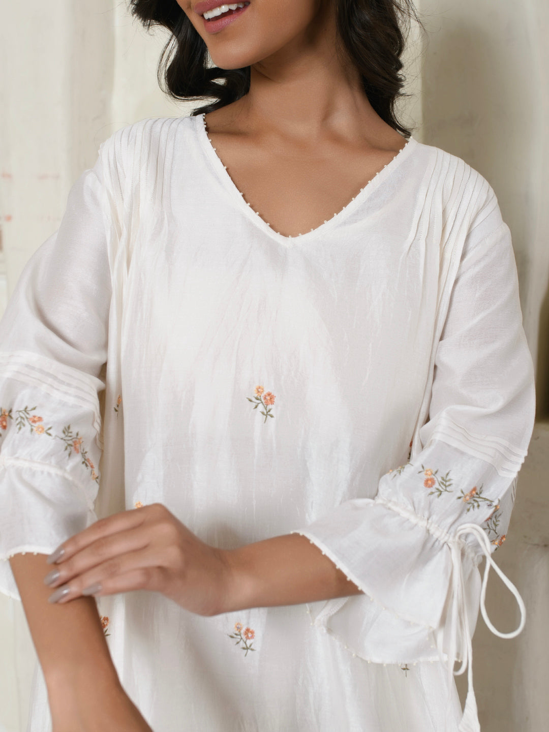 Tie-sleeves Ivory Floral Dress