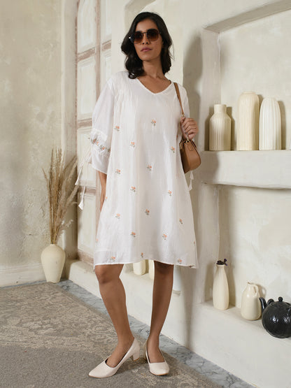 Tie-sleeves Ivory Floral Dress