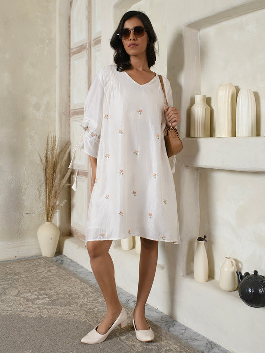 Tie-sleeves Ivory Floral Dress