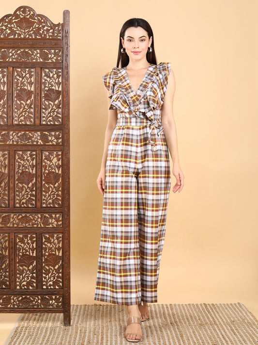 Ruffle Wrap Checkered Jumpsuit