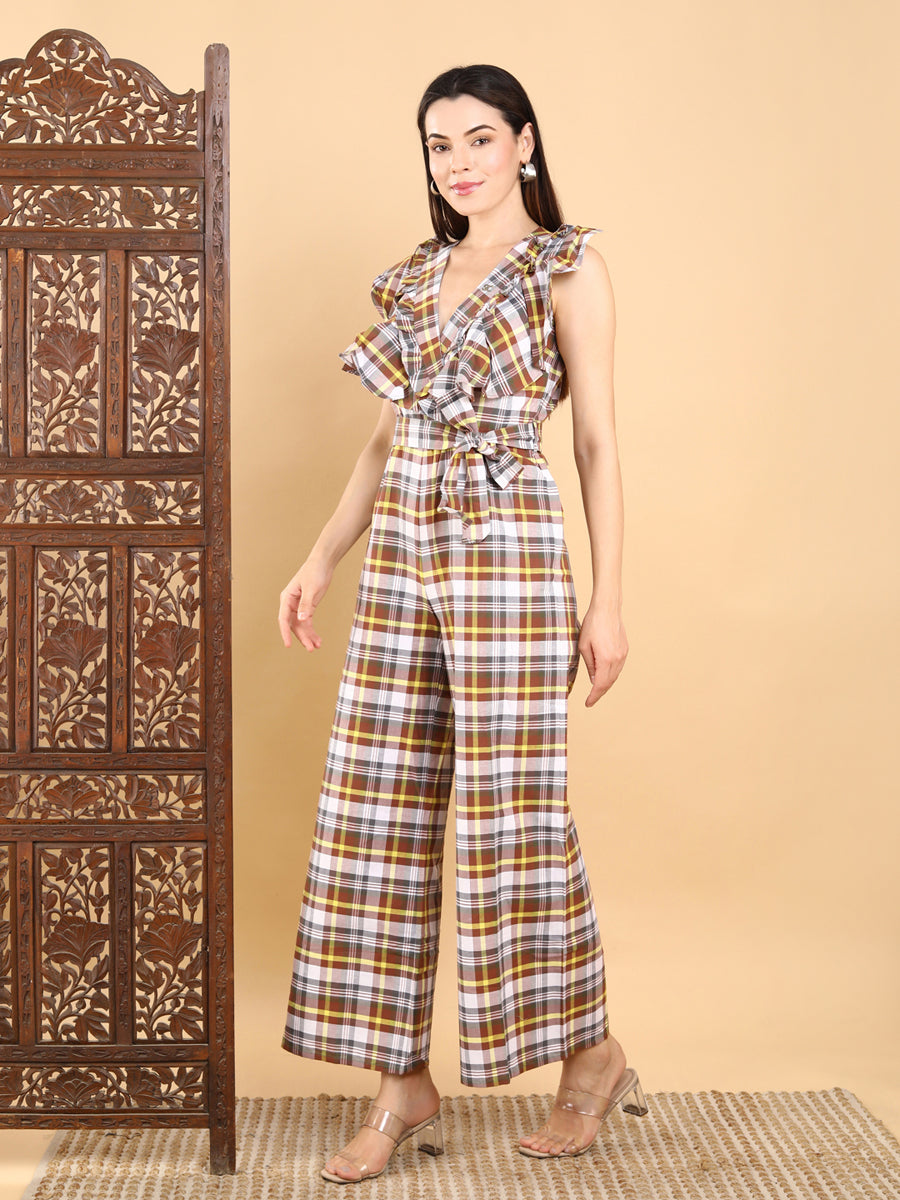 Ruffle Wrap Checkered Jumpsuit