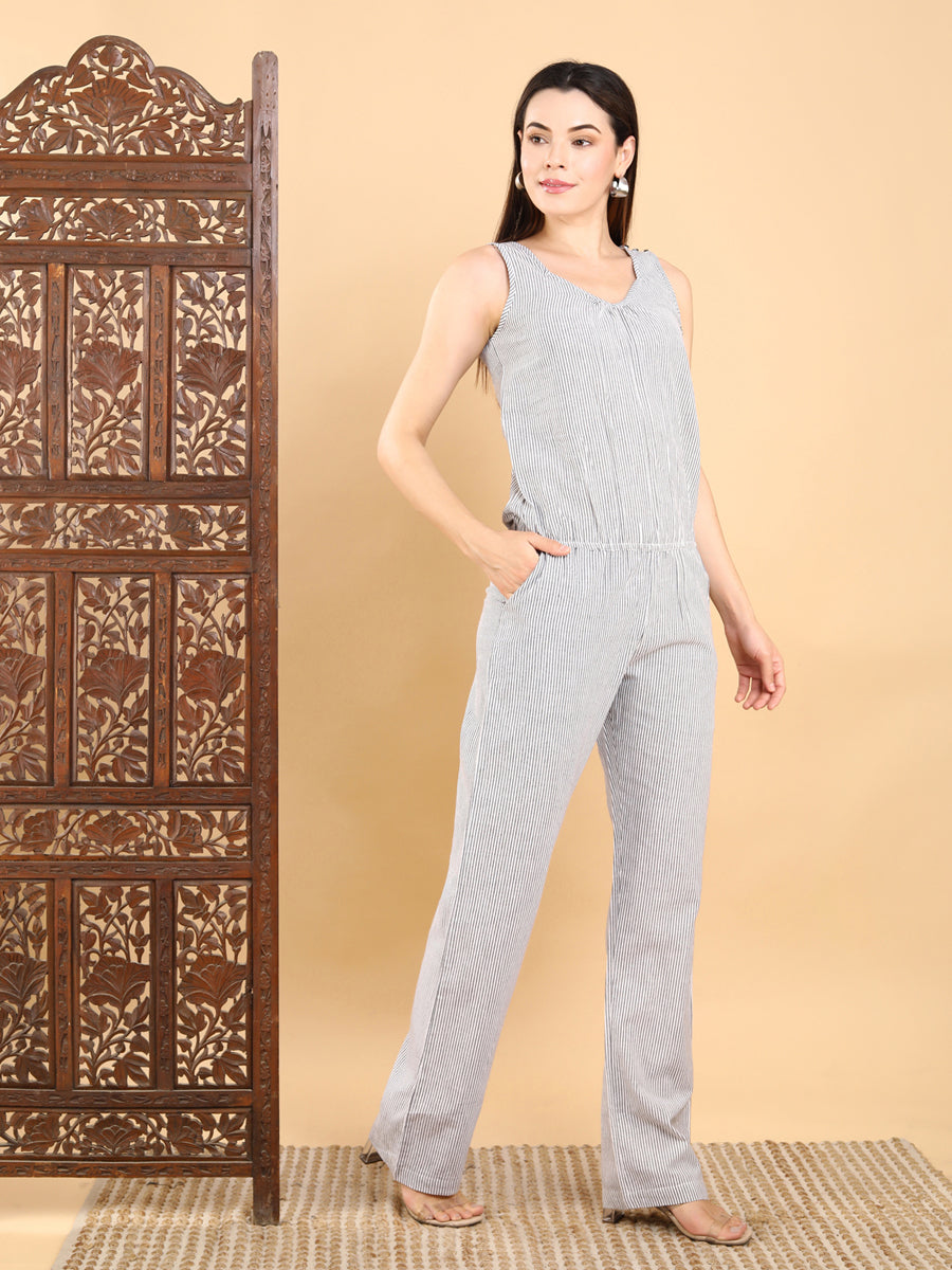 Striped Sleeveless Cotton Jumpsuit
