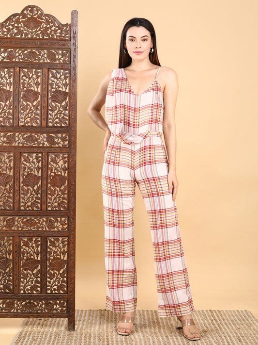 Spaghetti Strap Plaid Jumpsuit