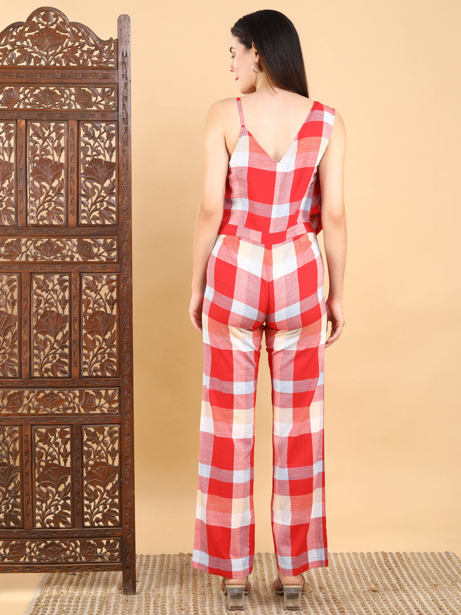 Bold Red Checkered Draped Jumpsuit