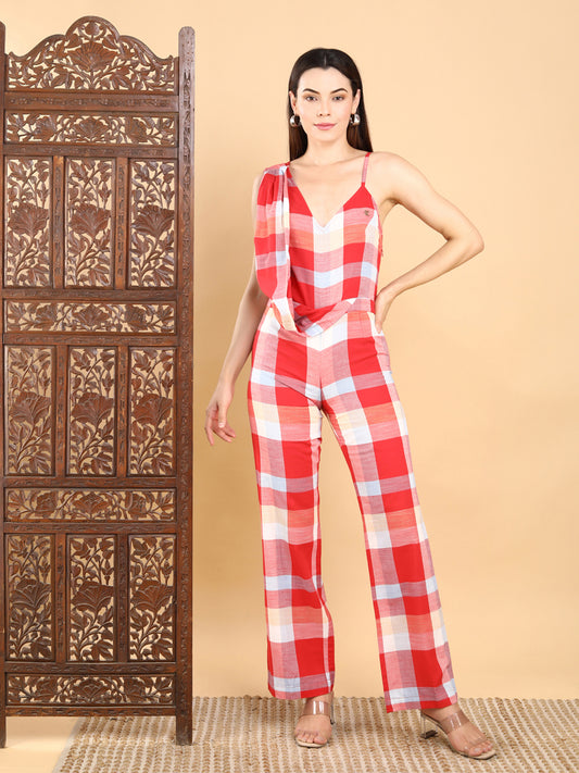 Bold Red Checkered Draped Jumpsuit